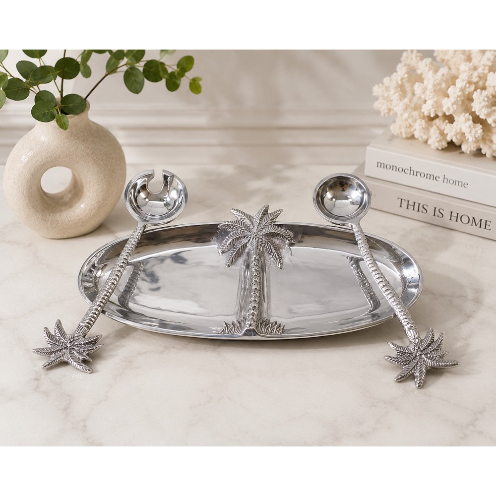 Vintage IHI Pewter Presentation Palm Tree Serving Tray Set w/Tongs Tropical Boho
